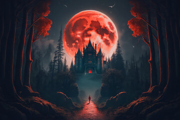 Fantasy castle in the moonlight night landscape background, Digital Illustration artwork.