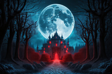 Fantasy castle in the moonlight night landscape background, Digital Illustration artwork.