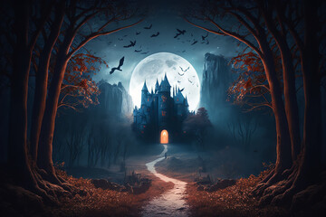 Fantasy castle in the moonlight night landscape background, Digital Illustration artwork.