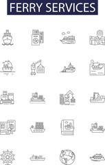 Ferry services line vector icons and signs. Services, Boats, Boating, Transportation, Cruises, Maritime, Sailing, Sea outline vector illustration set