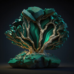 Front view of malachite gemstone illustration on a dark background. Handicraft, a souvenir of malachite in the form of a tree. Generative AI illustration.