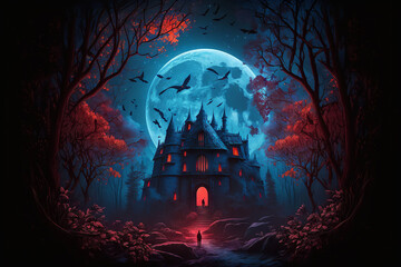 Fantasy castle in the moonlight night landscape background, Digital Illustration artwork.