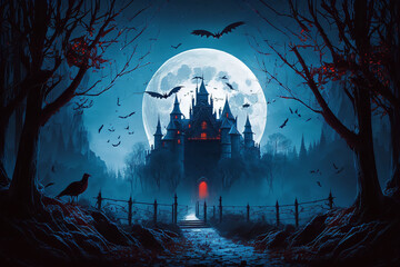 Fantasy castle in the moonlight night landscape background, Digital Illustration artwork.