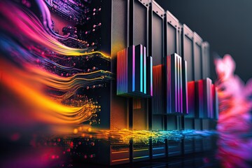 Supercomputer, data center, and modern server computer up close with abstract color effect. Generative AI