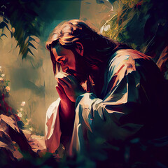 Jesus praying in agony in the Garden of Gethsemane drawn by AI