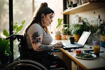 Fototapeta na wymiar Woman in a wheelchair working, handicap and disability. generate by ai