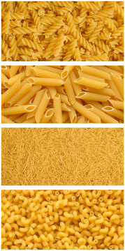 Collage of various raw dry yellow pasta.Fusilli, penne pasta, Filini vermicelli, cavatappi pasta,
