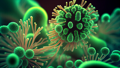 In Focus, 3D Green Bacteria Under the Microscope. Generative AI