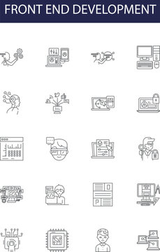 Front end development line vector icons and signs. CSS, JavaScript, JQuery, React, Angular, AJAX, DOM, Bootstrap outline vector illustration set