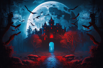 Fantasy castle in the moonlight night landscape background, Digital Illustration artwork.