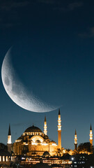 Naklejka premium Islamic vertical photo. Suleymaniye Mosque with crescent moon