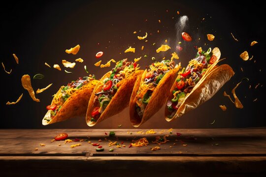 mexican tacos with nachos flying in air on dark background on wooden table, created with generative ai