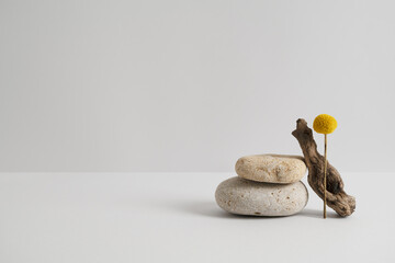 Empty stone podium, piece of driftwood and yellow flower on grey background. Minimal eco backdrop. Round natural rock and branch. Abstract pedestal or showcase. Minimal wabi sabi concept. Copy space.