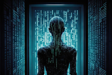 Generative AI illustration of robot in server room