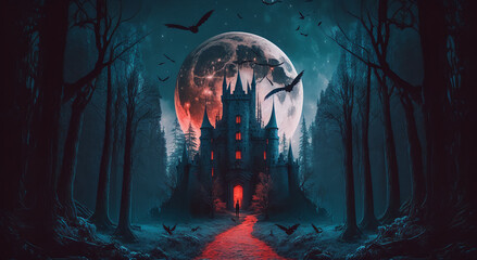 Digital illustration of a castle in moonlight night.