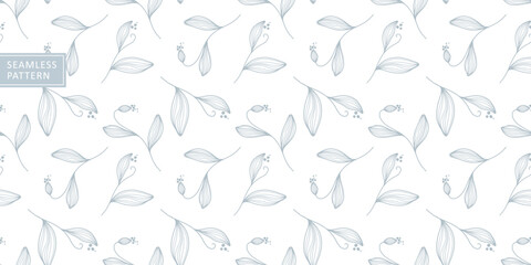 Obraz na płótnie Canvas Vector seamless pattern with delicate blue branches and leaves on a white background for textiles, covers, decor, wrapping paper