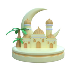 islamic ramadan podium with mosque, crescent  and palm tree 3d illustration