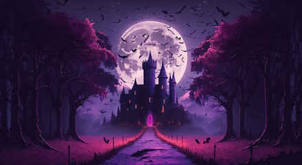 Aesthetic fantasy castle with landscape, purple background effect.