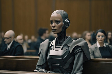 Generative AI illustration of confident woman robot in court