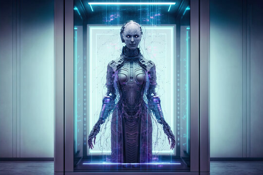 Generative AI illustration of futuristic robot in glass box