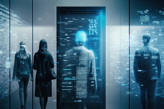 Generative AI illustration of people reflecting in server room