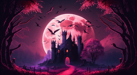 Haunted house castle at night. Digital illustration artwork.