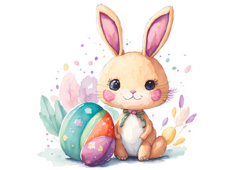 Watercolor spring illustrated of cute rabbit with colorful eggs. Generative AI . Happy Easter 