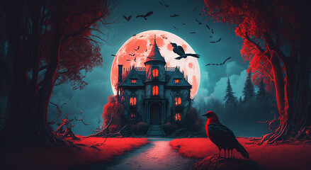 Scary Illustration of a castle at dark night.