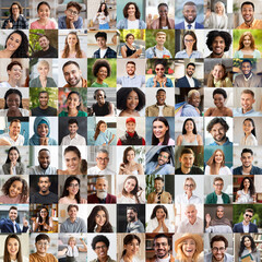 Collage of happy multiracial people avatars on various backgrounds