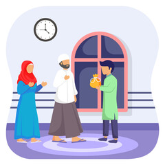 Ration Hamper Gift to Needy Family concept, Giving Help vector icon Design, Ramazan and Eid al-Fitr Symbol, Islamic and Muslims fasting Sign, Arabic holidays celebration stock illustration