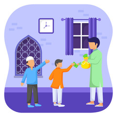 Cash Giving to Kids as Eid Gift concept, Eidi Cash distribution vector icon design, Ramazan and Eid al-Fitr Symbol, Islamic and Muslims fasting Sign, Arabic holiday celebration stock illustration