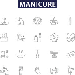Manicure line vector icons and signs. Cuticle, Polish, File, Trim, Buffer, Clean, Soak, Clippers outline vector illustration set
