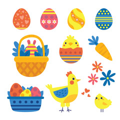 set of easter eggs and chickens and Easter seamless pattern with rabbits and bunny free vector