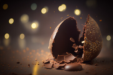 Cracked chocolate Easter egg on a simple background with copy space for your text. Created with Generative AI.