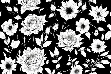 seamless floral pattern black and white generative ai