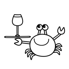 Waiter with a tray. Cartoon smiling crab serves a glass of wine. Outline of a cheerful sea character. Doodle.