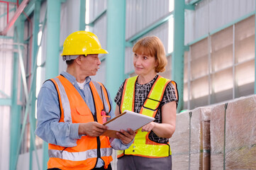 Employees check stock in the warehouse.