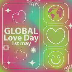 Global love day vector banner background design celebrated every year in month of May. Global love day poster with smooth colorful gradient mesh, heart icons, globe icon, smile face, geometric shapes.