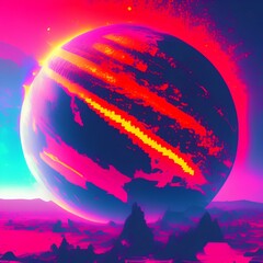 Glitch cyberpunk red Moon or planet in Cosmos Universe. Glitch effect illustration of apocalyptic earth or planet acid fantastic neon fluid and speed beams. 3D Futuristic Technology - generative ai