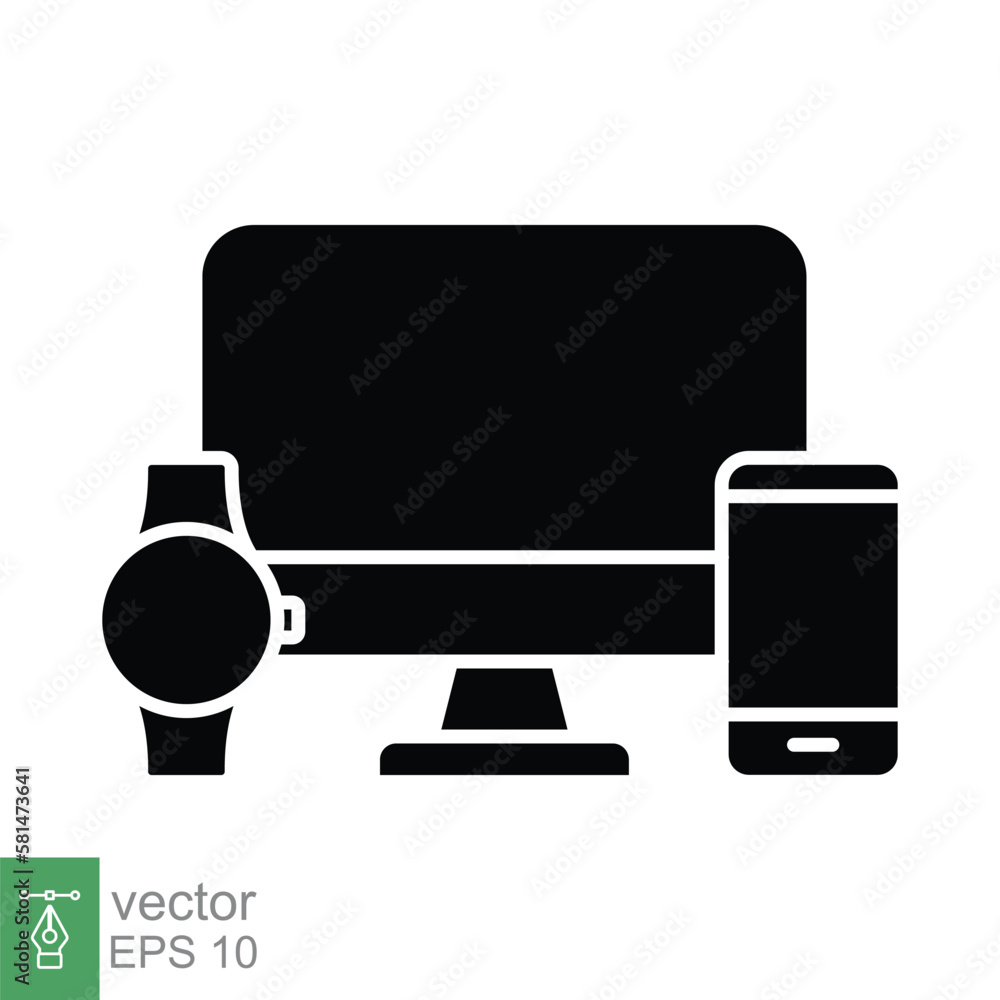 Poster computer monitor, smartwatch and mobile phone icon. simple solid style. cloud connection between var