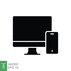 Computer and mobile phone icon. Simple solid style. Desktop, monitor, smartphone, responsive device concept. Black silhouette symbol. Vector illustration isolated on white background. EPS 10.