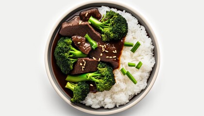 A bowl of beef and broccoli with rice and soy sauce on White Background with copy space for your text created with generative AI technology