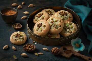 Fototapeta premium cookies made with semolina and flavored with dates, walnuts, and pistachios. Arabic traditional sweets for Eid al Adha and Eid al Fitr. frontal and flat views. Generative AI