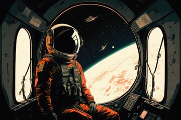 Illustration of a man in a space suit standing in the cockpit of a space capsule. Generative AI