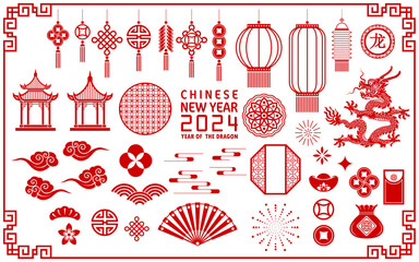 Happy chinese new year 2024 year of the chinese dragon zodiac with on color Background. ( Translation : happy new year, chinese dragon )