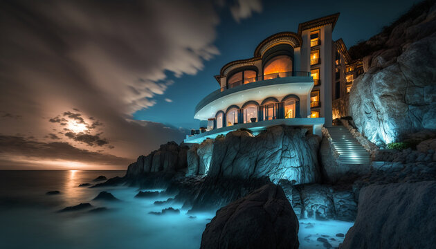 Luxury Oceanfront Mansion, Architectural Real Estate On a Rocky Beach at Night. Generative AI.