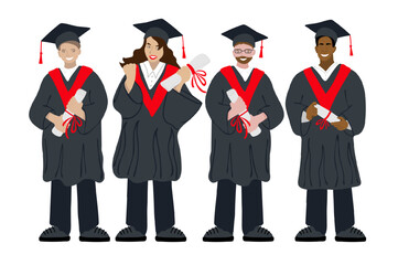 Different ethnic graduated students. Happy students with diplomas wearing academic gown and graduation cap, group with education certificate. Vector illustration