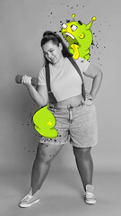 Contemporary art collage. Black and white image of overweight woman doing sports with colorful cartoon style character on shoulder. Concept of surrealism, inner world, imagination and creativity