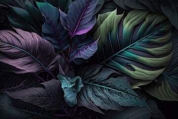 texture of tropical leaves, background of nature, attractive plant, dark green and purple thorn foliage. Generative AI