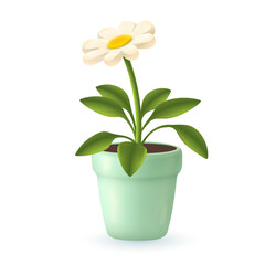 Cute chamomile or daisy in mint flowerpot 3D illustration. Cartoon drawing of flower with white petals in pot in 3D style on white background. Nature, spring, decor, botany concept